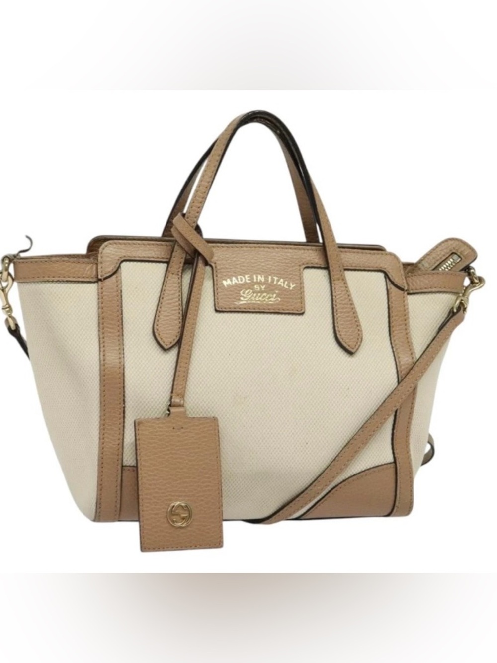Gucci Cream Canvas mini swing Tote with Tan Leather Trim